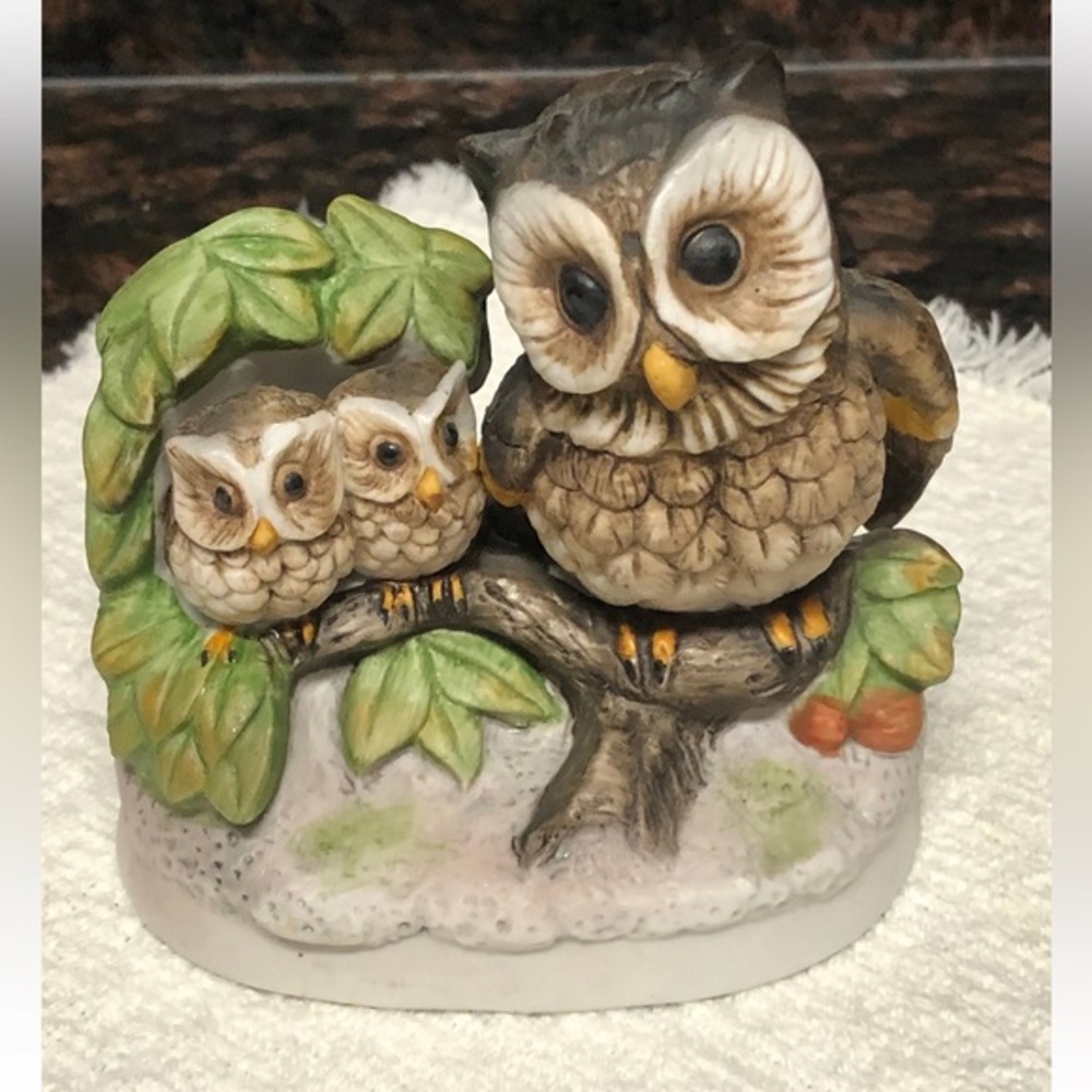 Screech Owl Family Porcelain Figurine from Homco Vintage 1970s